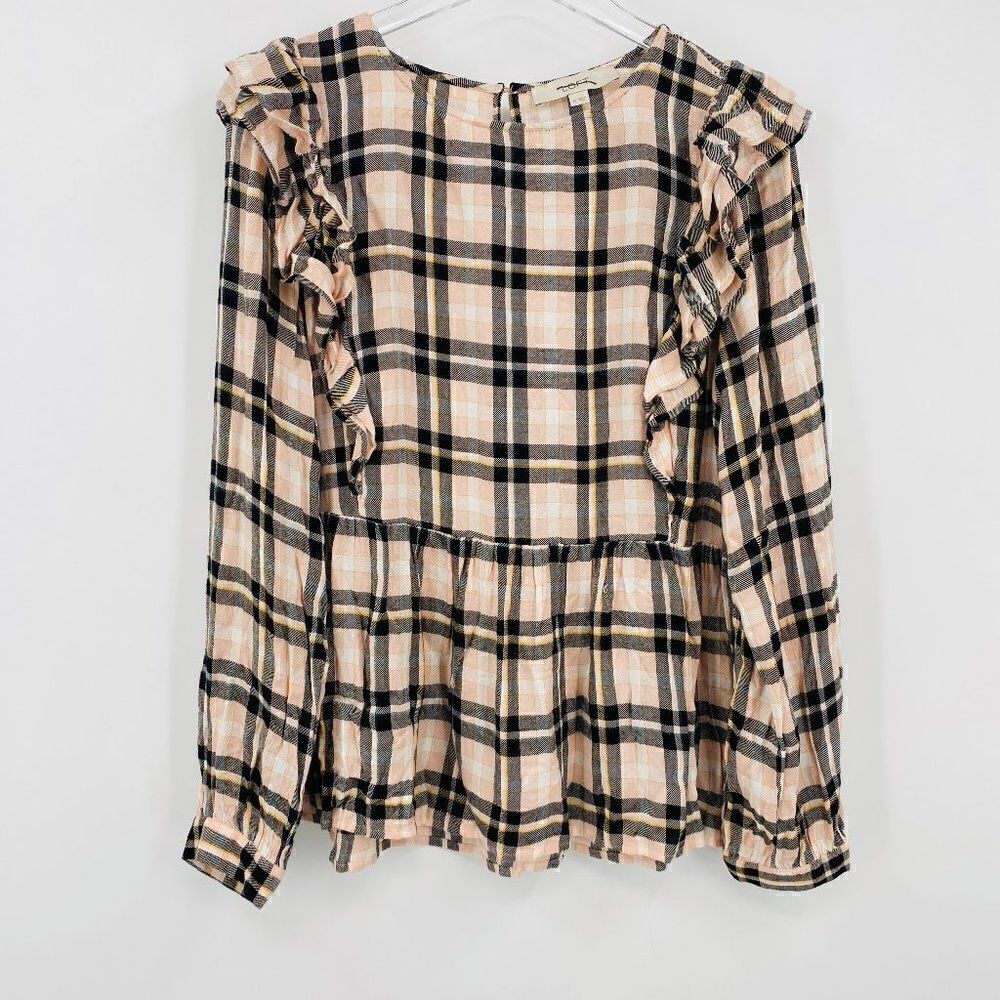 LOFT Size Medium Pink & Black Plaid Ruffled Long Sleeve Keyhole Back Top